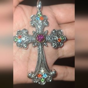 Ornate Silver Cross Necklace with Multicolor Gemstones